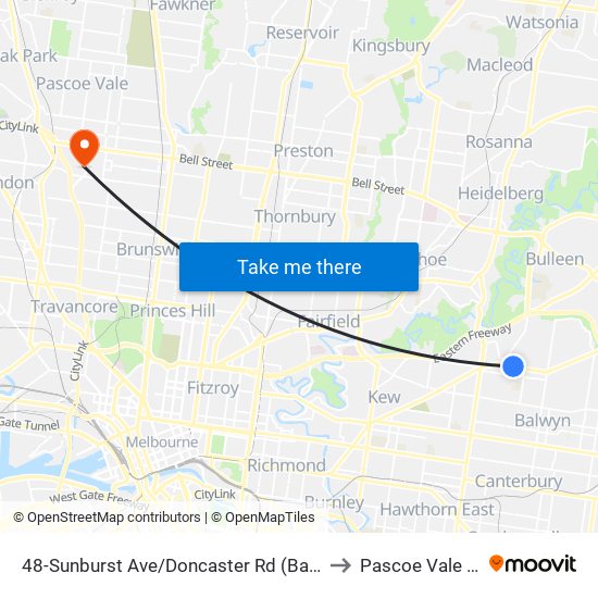 48-Sunburst Ave/Doncaster Rd (Balwyn North) to Pascoe Vale South map