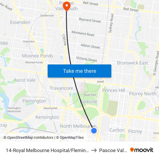 14-Royal Melbourne Hospital/Flemington Rd (Parkville) to Pascoe Vale South map