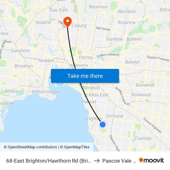 68-East Brighton/Hawthorn Rd (Brighton East) to Pascoe Vale South map
