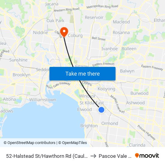 52-Halstead St/Hawthorn Rd (Caulfield North) to Pascoe Vale South map