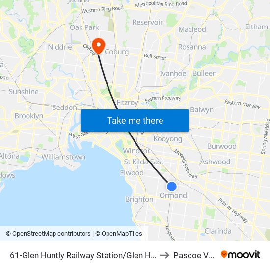 61-Glen Huntly Railway Station/Glen Huntly Rd (Caulfield South) to Pascoe Vale South map