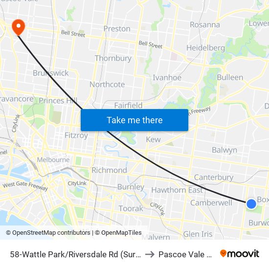 58-Wattle Park/Riversdale Rd (Surrey Hills) to Pascoe Vale South map