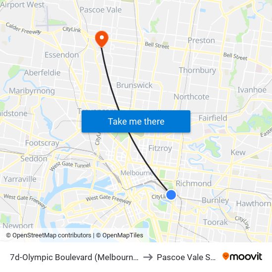 7d-Olympic Boulevard (Melbourne City) to Pascoe Vale South map