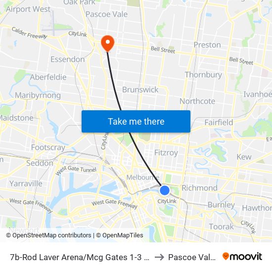 7b-Rod Laver Arena/Mcg Gates 1-3 (Melbourne City) to Pascoe Vale South map