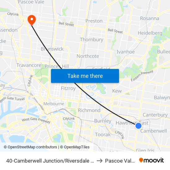 40-Camberwell Junction/Riversdale Rd (Camberwell) to Pascoe Vale South map