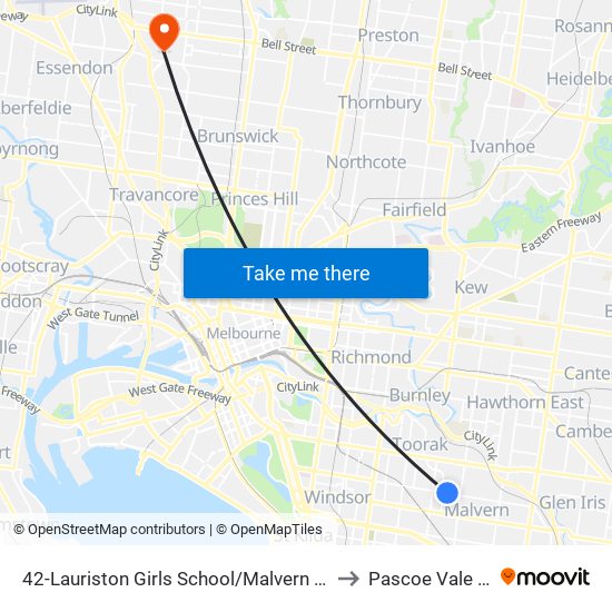 42-Lauriston Girls School/Malvern Rd (Toorak) to Pascoe Vale South map