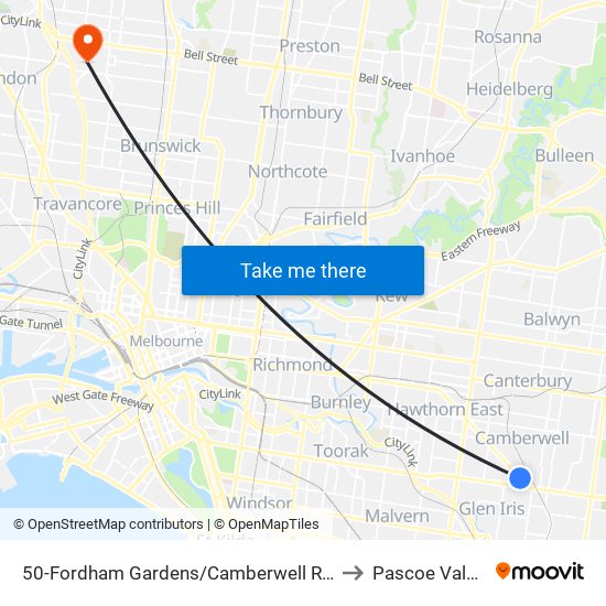 50-Fordham Gardens/Camberwell Rd (Camberwell) to Pascoe Vale South map