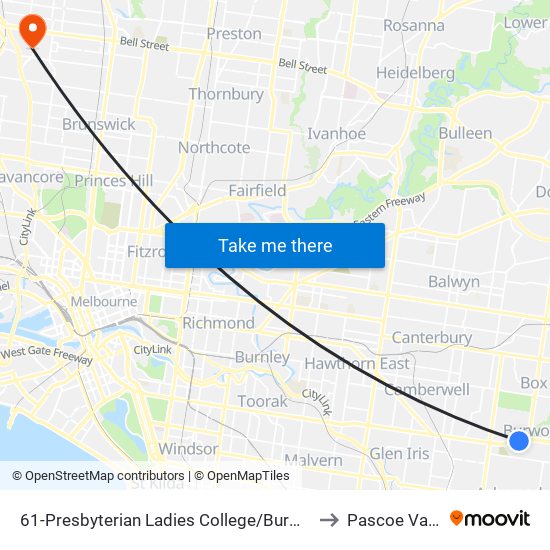 61-Presbyterian Ladies College/Burwood Hwy (Burwood) to Pascoe Vale South map