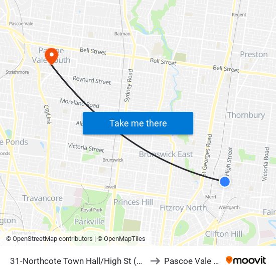 31-Northcote Town Hall/High St (Northcote) to Pascoe Vale South map