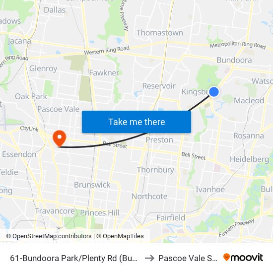 61-Bundoora Park/Plenty Rd (Bundoora) to Pascoe Vale South map