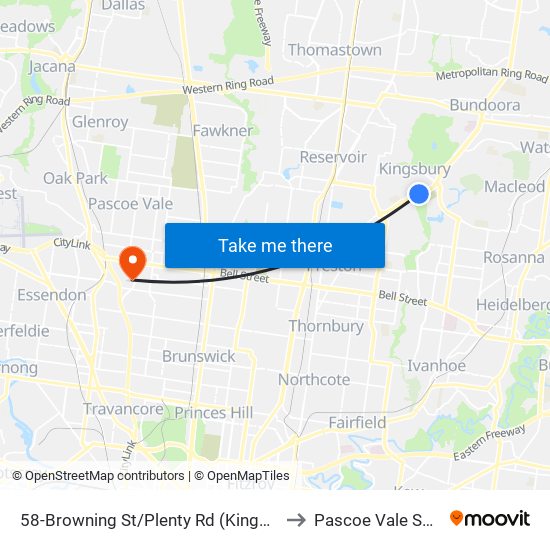 58-Browning St/Plenty Rd (Kingsbury) to Pascoe Vale South map