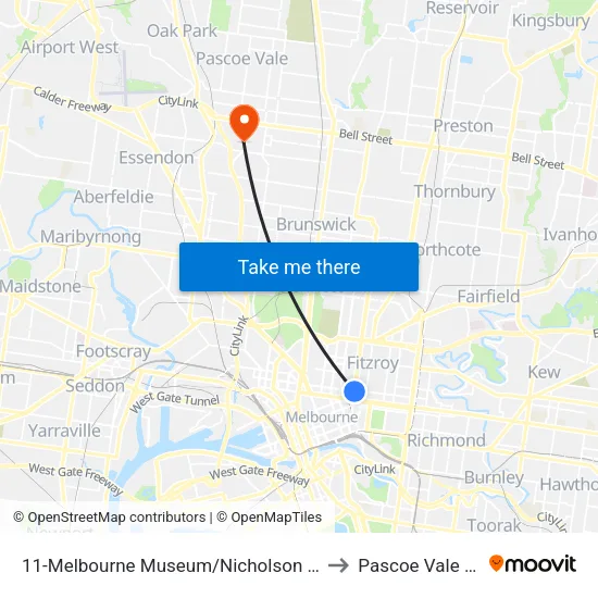 Melbourne Museum/Nicholson St #11 to Pascoe Vale South map