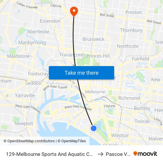 129-Melbourne Sports And Aquatic Centre/Light Rail (Middle Park) to Pascoe Vale South map