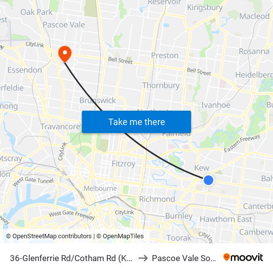 36-Glenferrie Rd/Cotham Rd (Kew) to Pascoe Vale South map