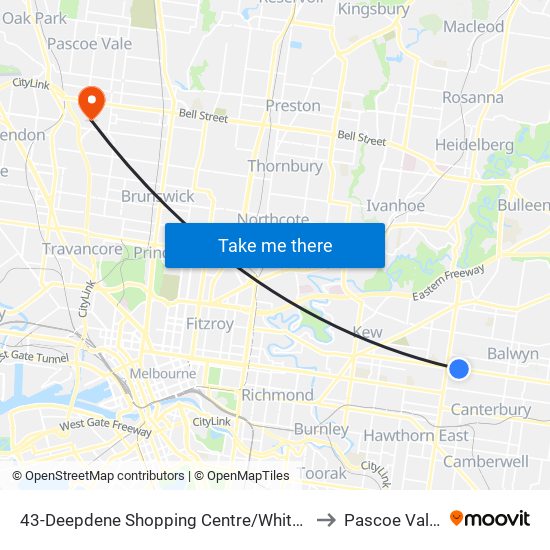 43-Deepdene Shopping Centre/Whitehorse Rd (Balwyn) to Pascoe Vale South map