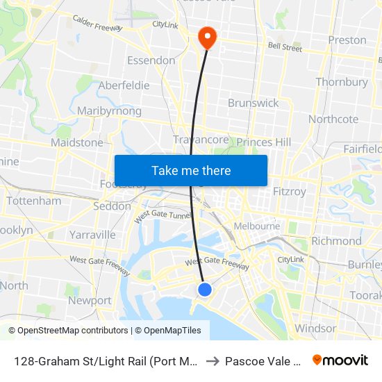 128-Graham St/Light Rail (Port Melbourne) to Pascoe Vale South map