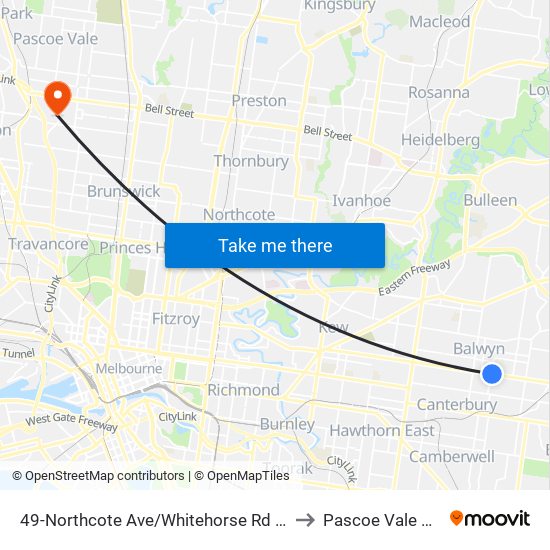 49-Northcote Ave/Whitehorse Rd (Balwyn) to Pascoe Vale South map