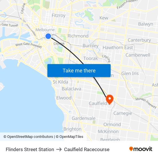 Flinders Street Station to Caulfield Racecourse map