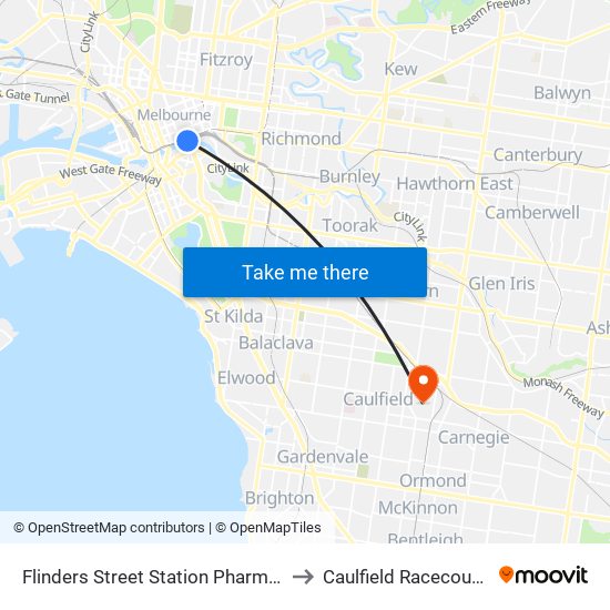 Flinders Street Station Pharmacy to Caulfield Racecourse map