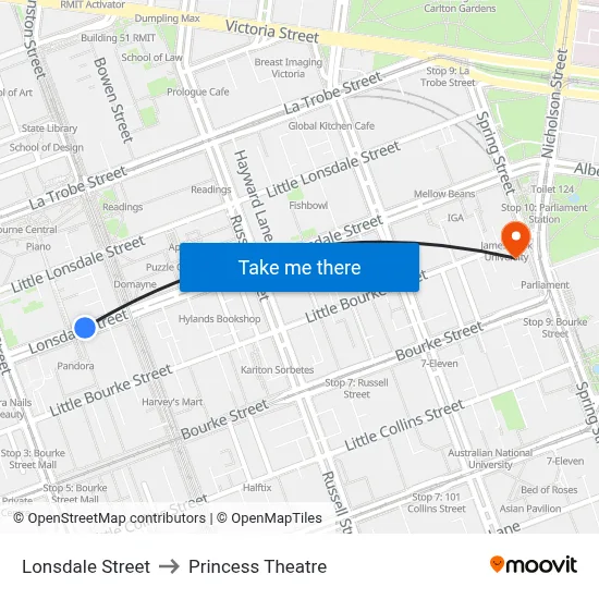 Lonsdale Street to Princess Theatre map
