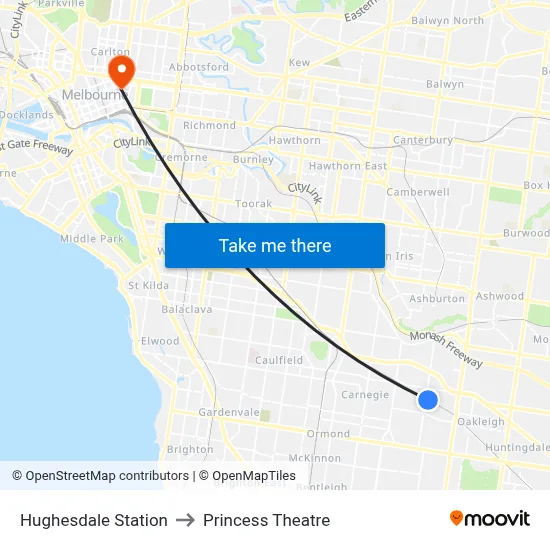 Hughesdale Station to Princess Theatre map