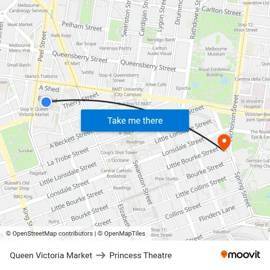 Queen Victoria Market to Princess Theatre map