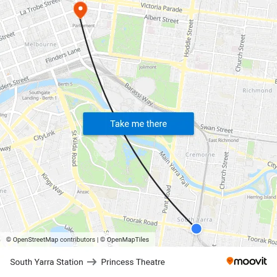 South Yarra Station to Princess Theatre map