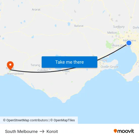 South Melbourne to Koroit map