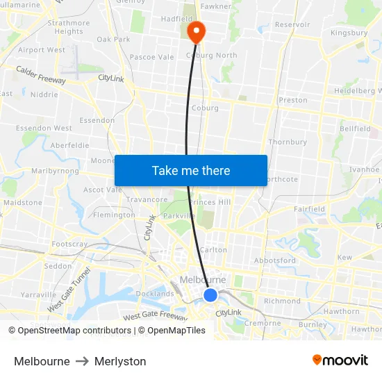 Melbourne to Merlyston map