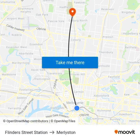 Flinders Street Station to Merlyston map