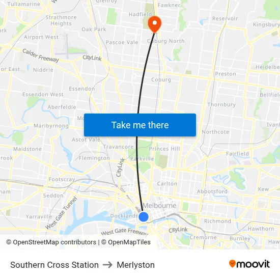 Southern Cross Station to Merlyston map
