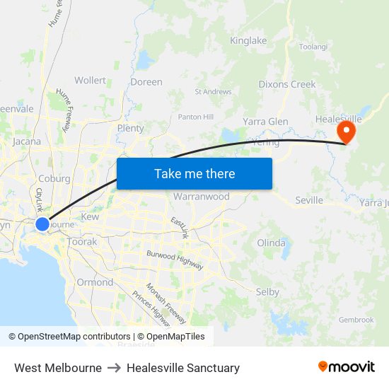 West Melbourne to Healesville Sanctuary map