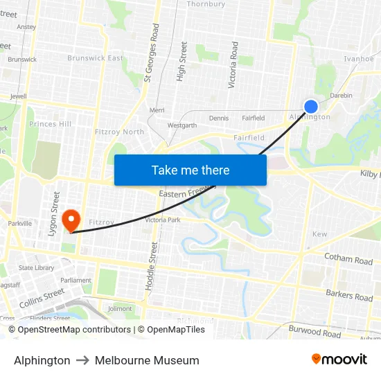 Alphington to Melbourne Museum map