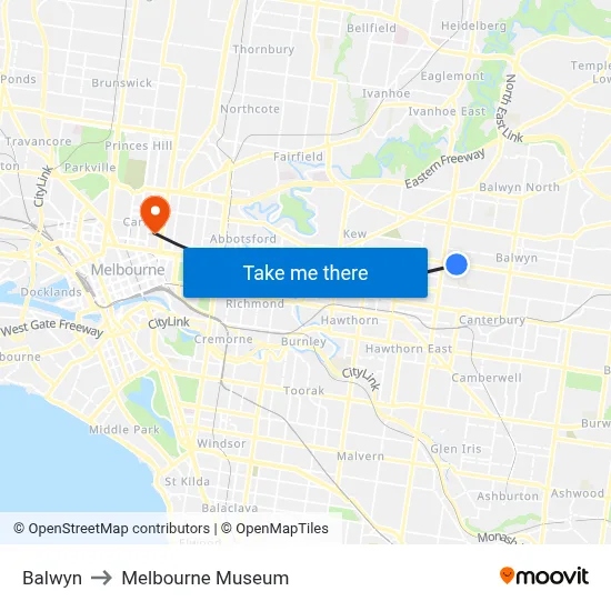 Balwyn to Melbourne Museum map