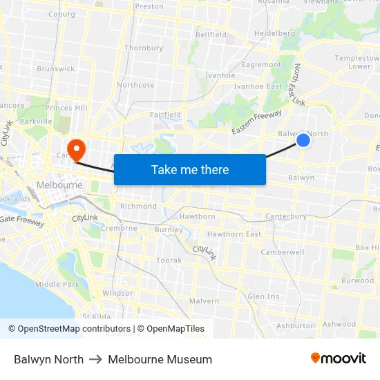 Balwyn North to Melbourne Museum map