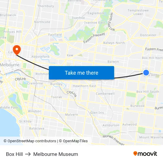 Box Hill to Melbourne Museum map