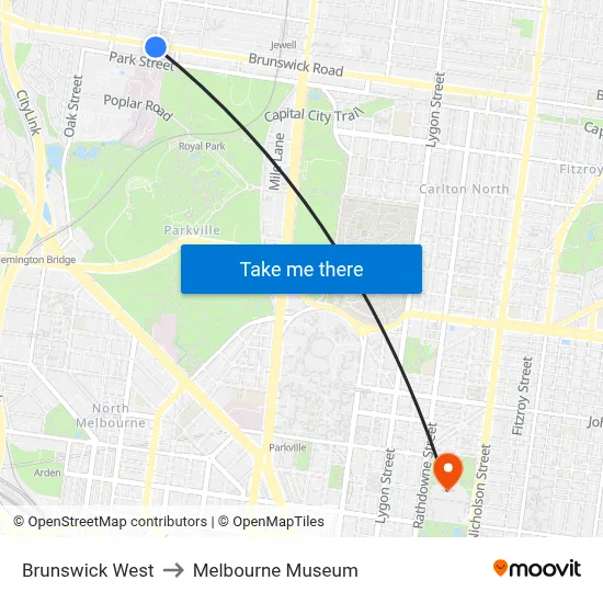 Brunswick West to Melbourne Museum map