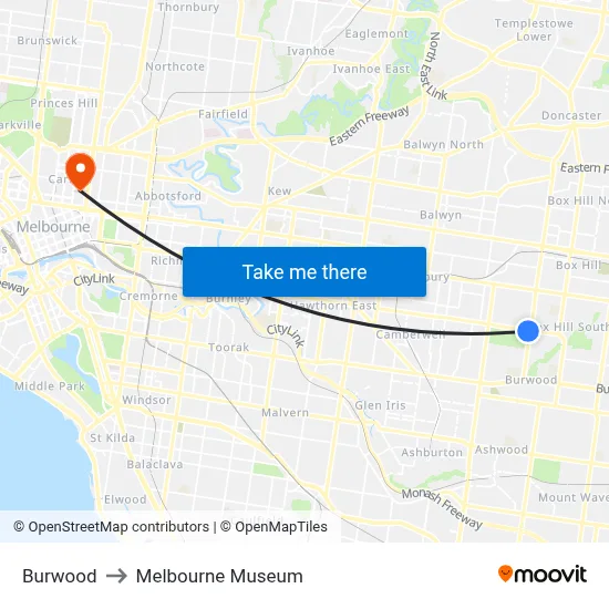 Burwood to Melbourne Museum map