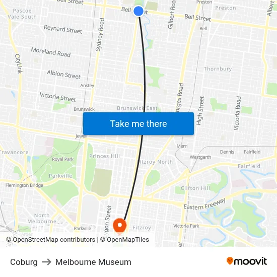 Coburg to Melbourne Museum map
