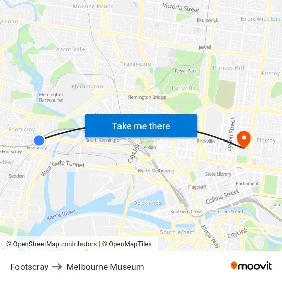 Footscray to Melbourne Museum map