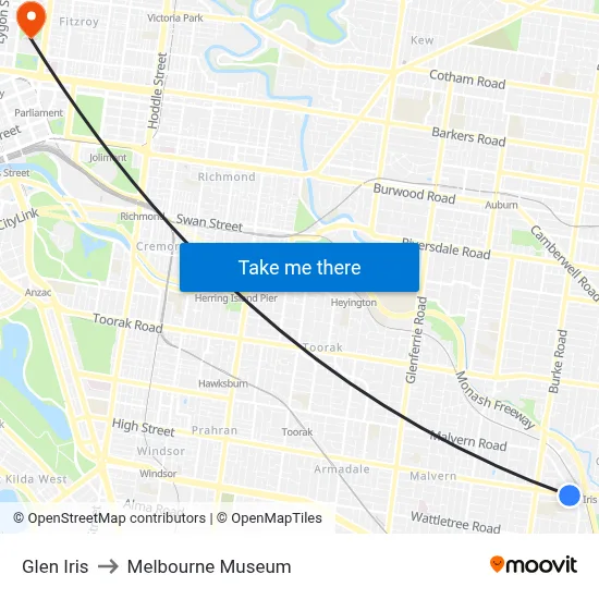 Glen Iris to Melbourne Museum map