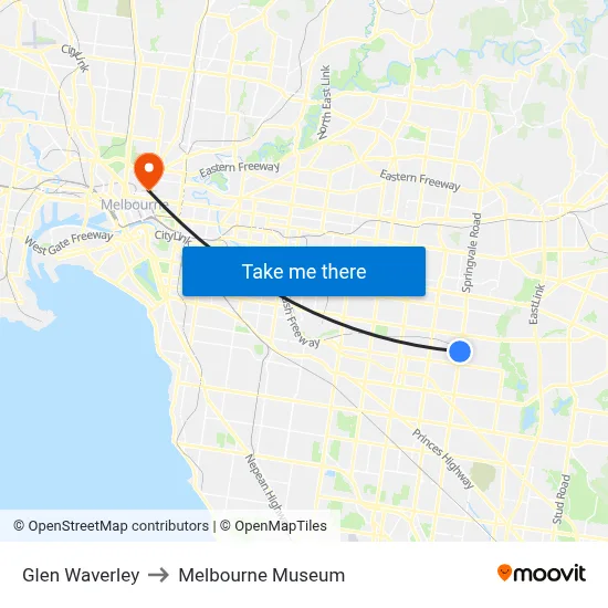 Glen Waverley to Melbourne Museum map