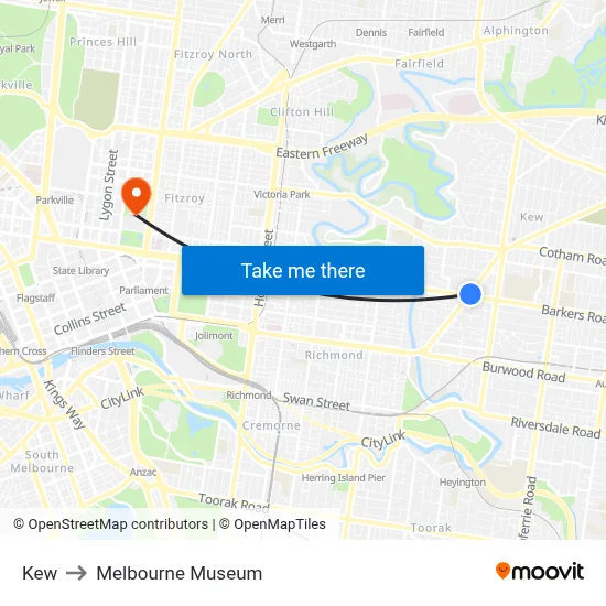 Kew to Melbourne Museum map