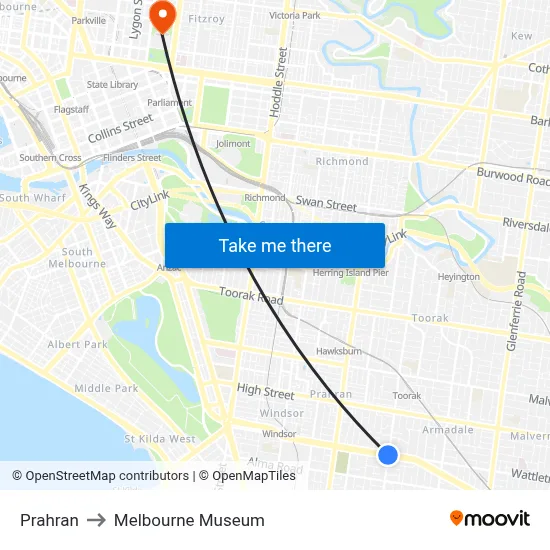 Prahran to Melbourne Museum map
