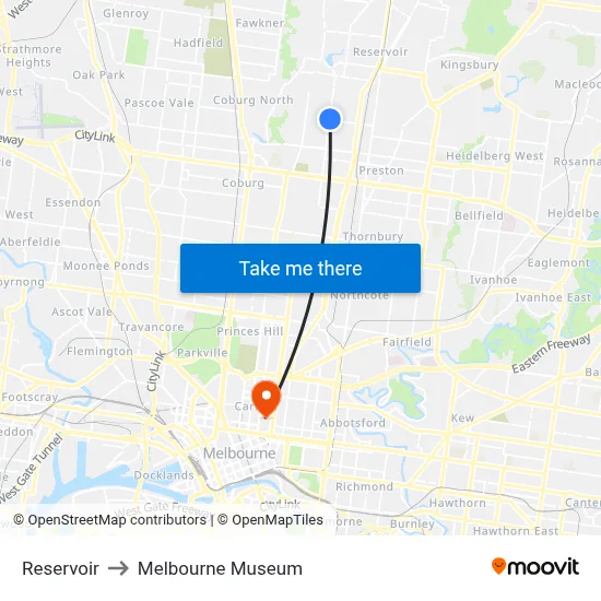 Reservoir to Melbourne Museum map