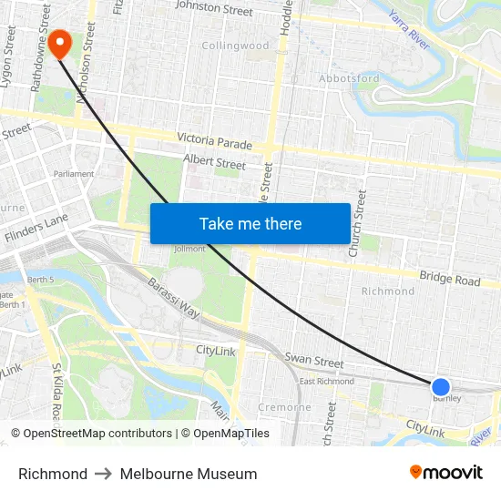 Richmond to Melbourne Museum map