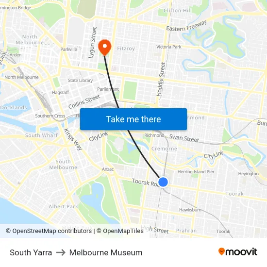 South Yarra to Melbourne Museum map
