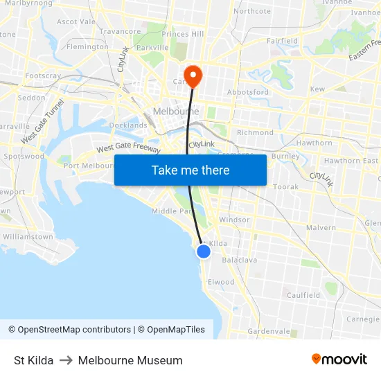 St Kilda to Melbourne Museum map