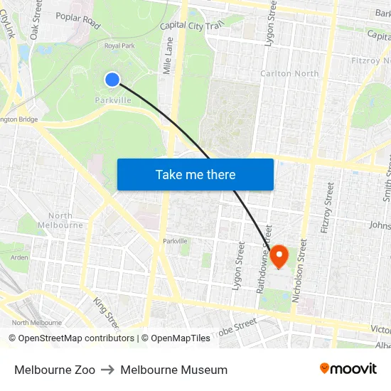 Melbourne Zoo to Melbourne Museum map