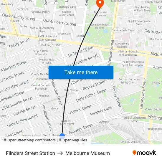 Flinders Street Station to Melbourne Museum map